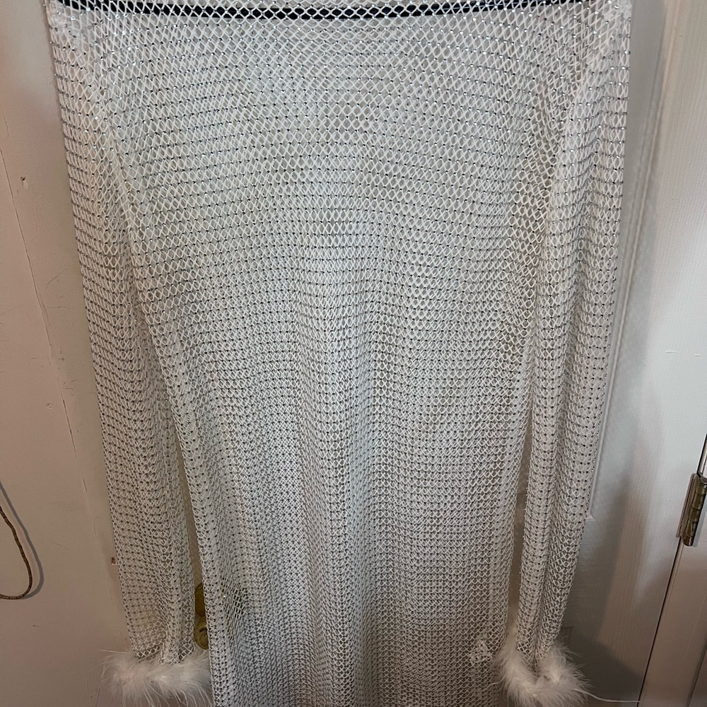 White Mesh Rhinestone with Feather Trim Dress